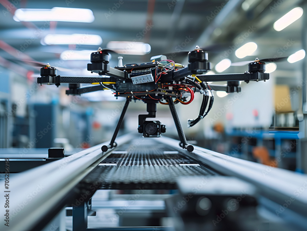Hightech drone over conveyor belt, illustrating the use of UAVs for