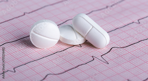 medical pills on the background of a medical cardiogram