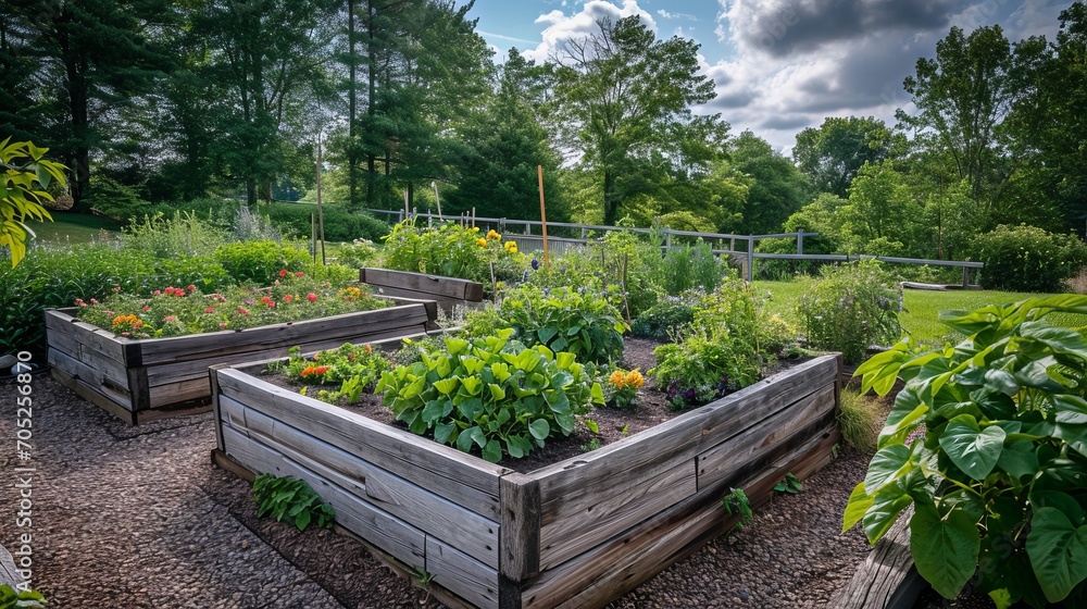 raised bed vegetable garden, and trees surrounding it, many raised beds, permaculture, raised bed vegetable garden, and trees surrounding it, many raised beds, permaculture,