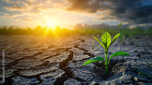 Green seedling growing from cracked earth. Concept of climate change.