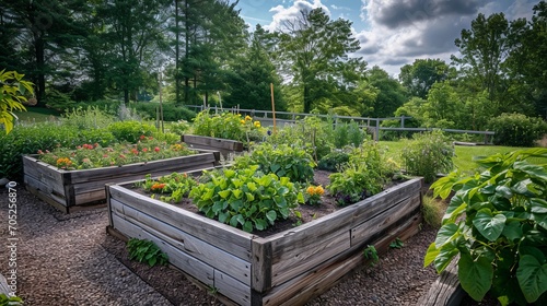 raised bed vegetable garden, and trees surrounding it, many raised beds, permaculture,  photo