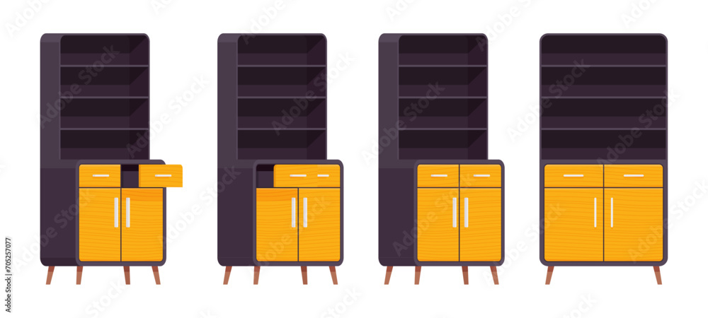 Cupboard accent set, storage kitchen pantry, cabinet or buffet. Functional and attractive open shelf with drawer. Vector flat style cartoon home, office furniture objects isolated on white background
