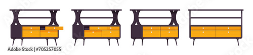 Drawer small black nightstand with open shelf, flat tabletop set. Bedroom, entryway table, display for lamp, photos. Vector flat style cartoon home, office furniture objects isolated, white background