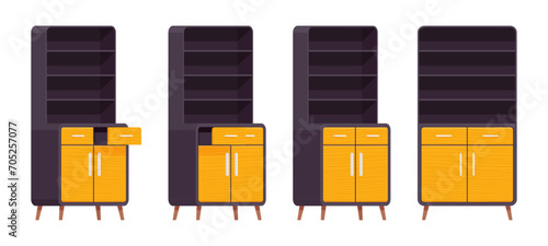 Cupboard accent set, storage kitchen pantry, cabinet or buffet. Functional and attractive open shelf with drawer. Vector flat style cartoon home, office furniture objects isolated on white background