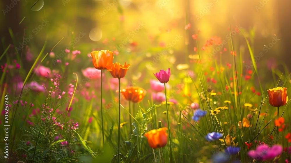 A vivid meadow bursting with spring's blooming flowers