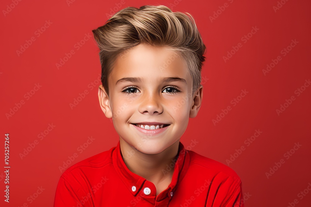 Portrait of a smiling little boy in a red shirt on a red background Portrait of a smiling little boy in a red shirt on a red background