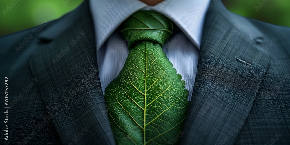 Businessman in a suit wears a tie made of green leaves, symbolizing environmental consciousness. promotes sustainability Ideal for eco-conscious and sustainable business themes - obrazy, fototapety, plakaty 