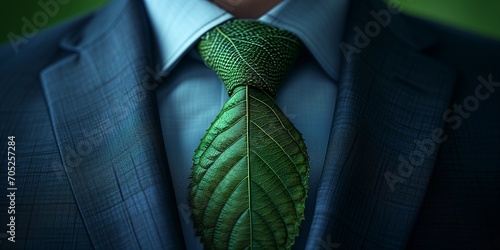 Businessman in a suit wears a tie made of green leaves, symbolizing environmental consciousness. promotes sustainability Ideal for eco-conscious and sustainable business themes photo