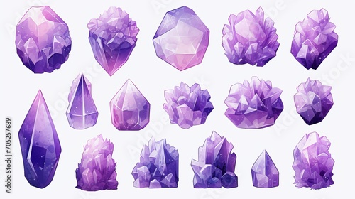 An illustration of an amethyst crystal, purple quartz, raw gemstone, and amethyst druse pattern based on the combination of each. photo