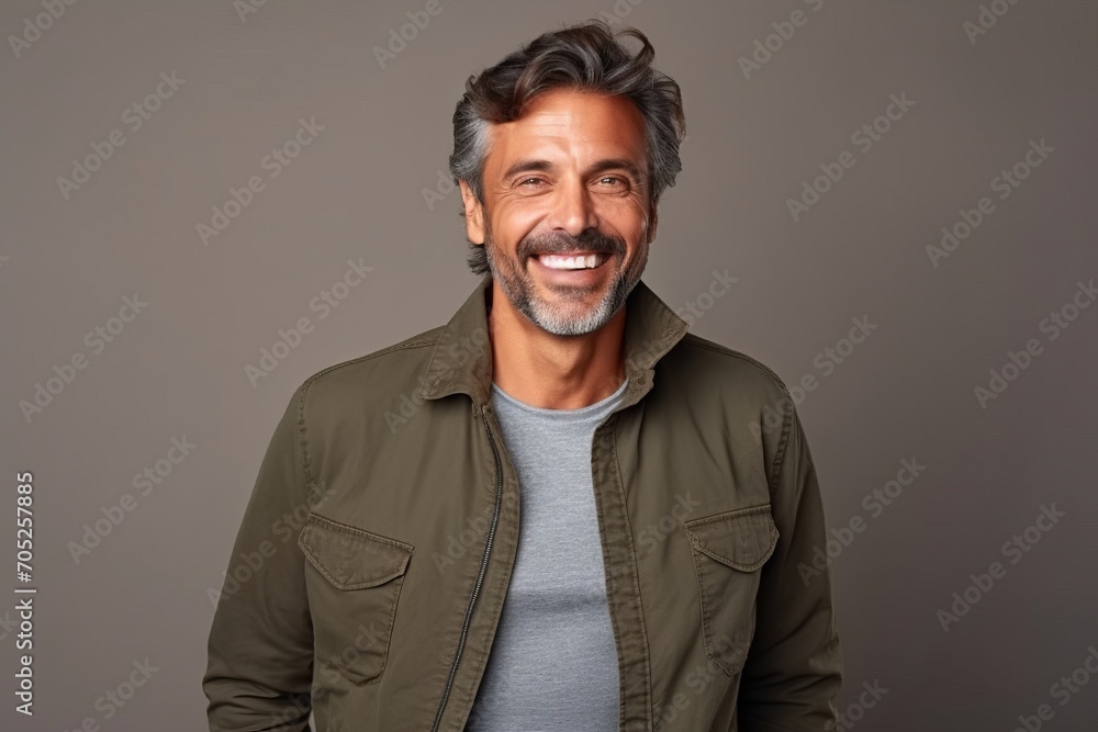 Handsome middle aged man smiling at the camera while standing against grey background Handsome middle aged man smiling at the camera while standing against grey background