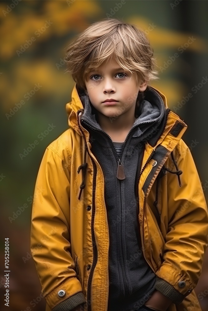 boy outdoors in a raincoat looking sadly on the rainy autumn day boy outdoors in a raincoat looking sadly on the rainy autumn day