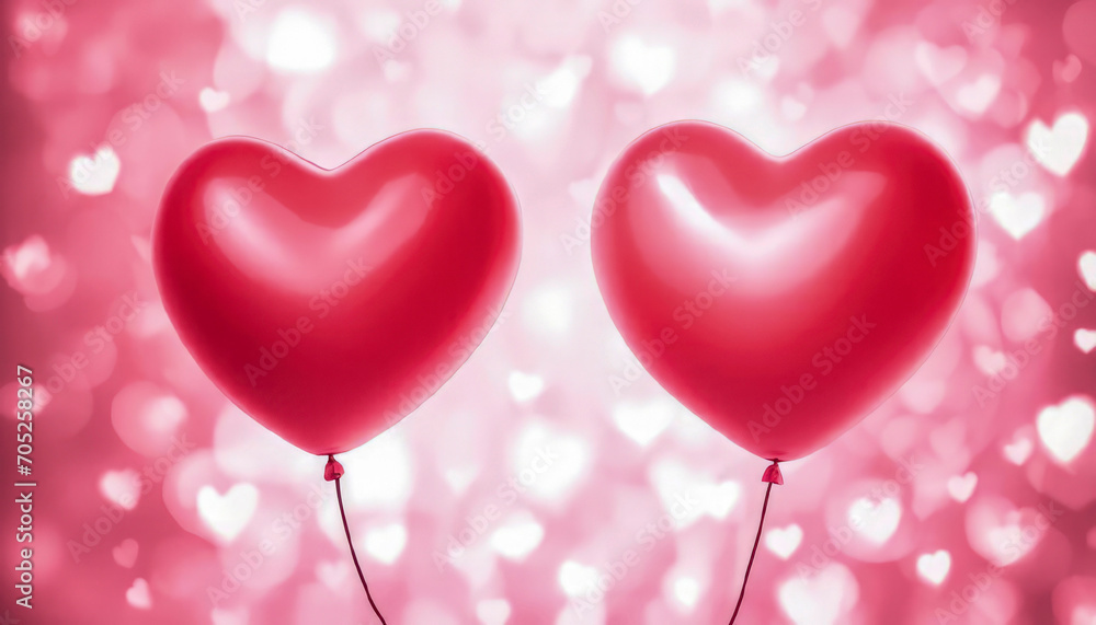 Two red heart-shaped balloons on pink background with bokeh in form of small white hearts and central backlight. Conceptual symbols of love and Valentine's Day. Illustration. Copy space. Mock-up.