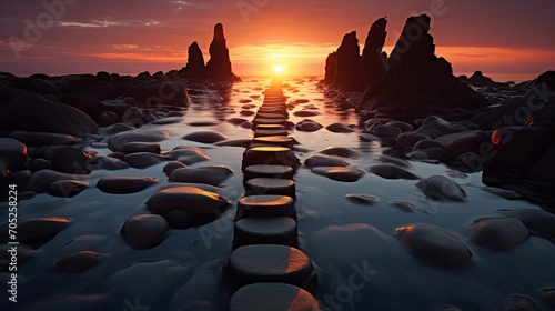 At sunset, the ocean is lined with 3d stepping stones