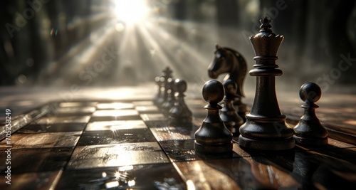 Chess Game with Dramatic Backlight and Smoke, Strategy and Tactics.