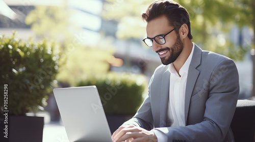 Business education, technology, and people come together in the form of a smiling businessman working on a laptop computer on a city street.
