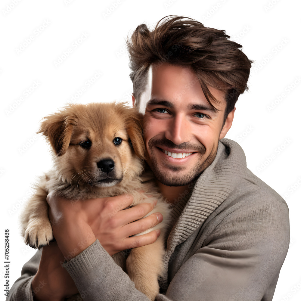 Happy young man with hugging cute puppy, smiling as pet owner holding baby dog with love and care in studio, isolated on transparent background Generative AI
Happy young man with hugging cute puppy, smiling as pet owner holding baby dog with love and care in studio, isolated on transparent background Generative AI