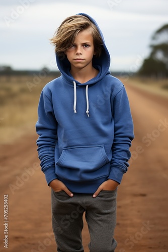 boy standing in the middle of the road dressed in blue