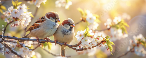 Little funny chicks sparrows sit in spring sunshine on the branches of a cherry tree © thejokercze