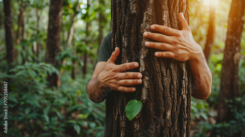 Hands of a young man hugging a tree in a forest.