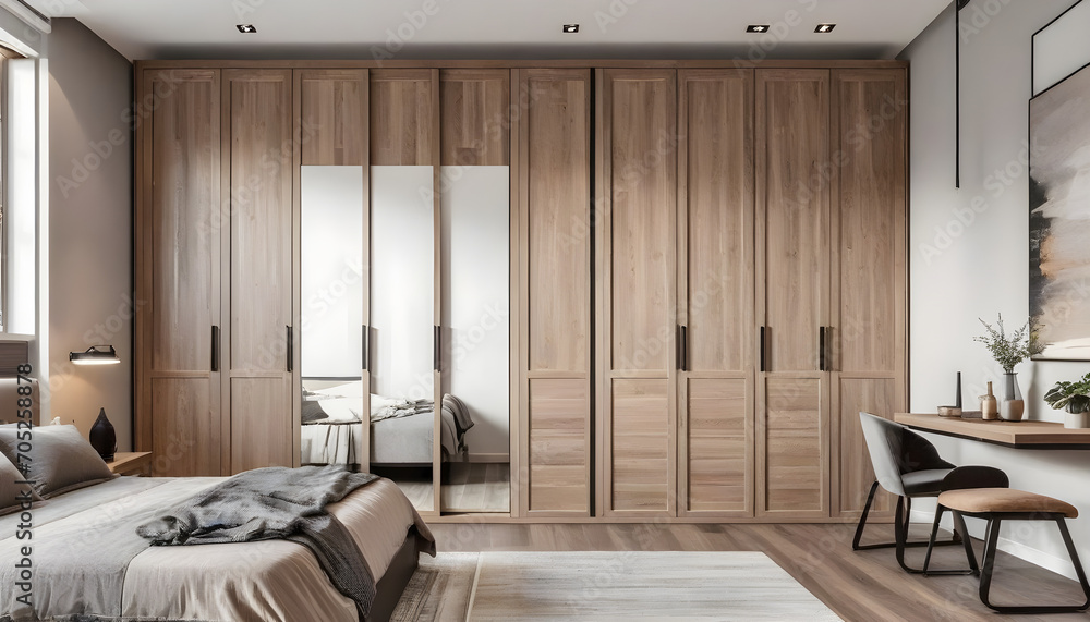 Large, contemporary bedroom featuring a wooden wardrobe