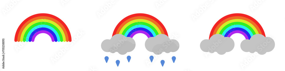 Rainbow set of vector icons. Icon of a rainbow on a cloud with rain. Weather conditions rainbow, clouds, rain. Colorful rainbow vector. A rainbow in the sky. Seven primary colors. Rainbow set of vector icons. Icon of a rainbow on a cloud with rain. Weather conditions rainbow, clouds, rain. Colorful rainbow vector. A rainbow in the sky. Seven primary colors.