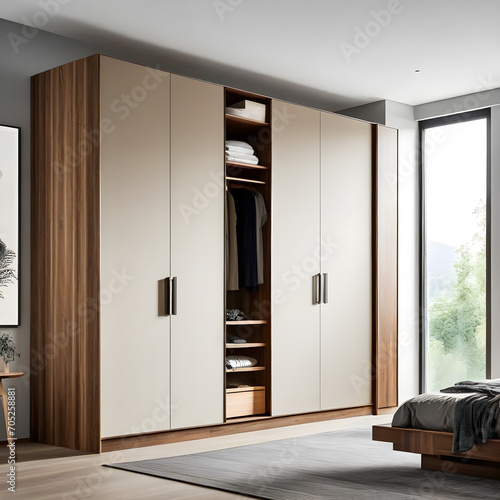 Large, contemporary bedroom featuring a wooden wardrobe