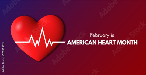 American Heart Month banner. Heartbeat line on the heart. Vector 3D illustration