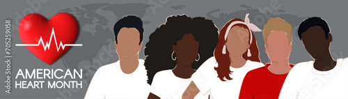 American Heart Month horizontal banner with diverse people. Vector flat illustration