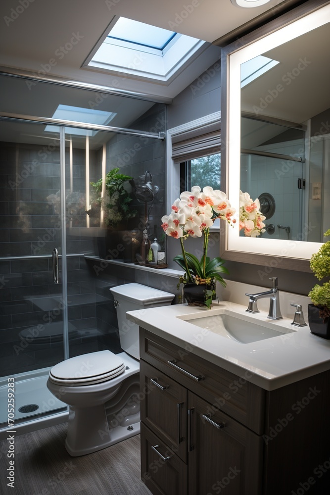 Modern bathroom with skylight and plants