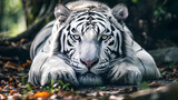 A close up of a Siberian white tiger laying on the ground with it's front paws on the ground