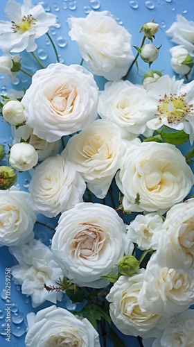White Roses on Blue Background