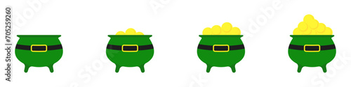 Pot of gold vector set of different completeness. Green kettle with coins. Pot leprechaun vector illustration. Leprechaun treasures vector. Symbol of St. Patrick's Day. Vector illustration.