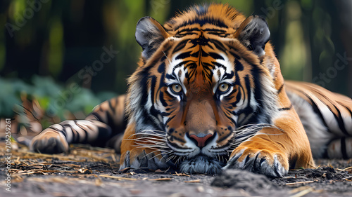 A close up of a orange and black striped tiger laying on the ground with it's front paws on the ground