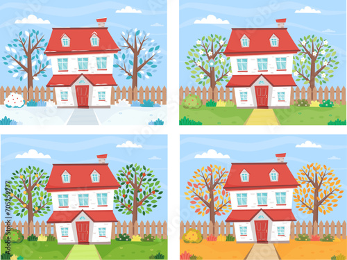 Rural landscape with cute house surrounded with trees and bushes at four seasons. Farm, cottage, house at winter, spring, summer, autumn time.