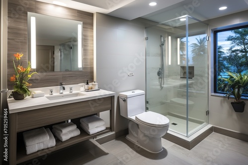 Modern bathroom interior with large glass shower and double vanity