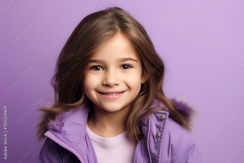 Portrait of a cute little girl in a purple jacket on a purple background Portrait of a cute little girl in a purple jacket on a purple background
