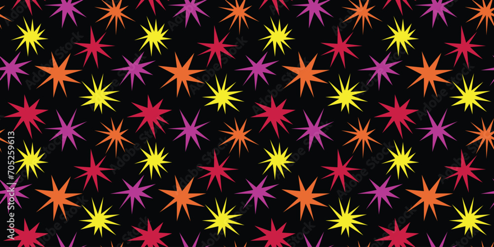 Seamless pattern with colorful geometric stars. Confetti abstract on black background. Trendy irregular stars. Modern print, orange, pink, purple and yellow colors. Vector illustration Seamless pattern with colorful geometric stars. Confetti abstract on black background. Trendy irregular stars. Modern print, orange, pink, purple and yellow colors. Vector illustration