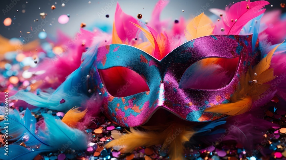 colored masquerade mask with feathers and confetti, festive background