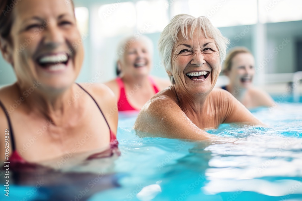 Happy elderly female friends having fun in swimming pool