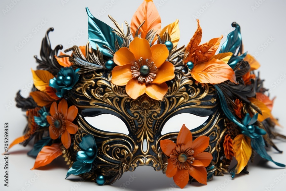 Colored Masquerade Mask with feathers on white background