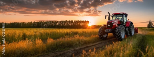 Tractor in the field under sunset light, tillage in spring, preparation for sowing. 