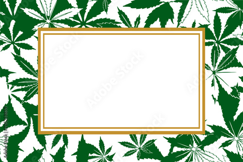 Cannabis leaves with gold frame. Cannabis foliage. Hemp. Sketch vector illustration