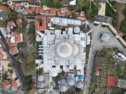 Aerial top view of the historic Hagia Sophia in Istanbul, Turkey