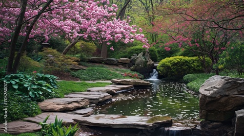 Tranquility in a garden adorned with spring blossoms