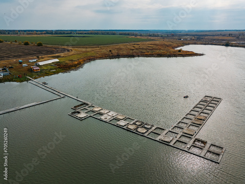 Farm for breeding fish, drone aerial view photo