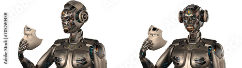 Detailed futuristic robot man or humanoid cyborg removes his face mask showing vey complex mechanism of his head with many gears. 3d rendering isolated on transparent background. Set of three poses © Mykola