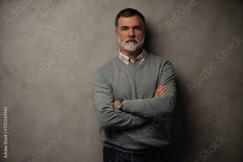 Portrait of happy casual mature man smiling, senior age man with gray hair, Isolated on dark gray background photo