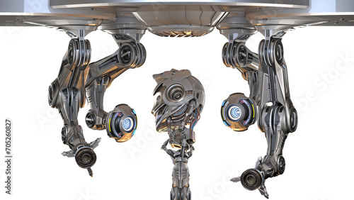 Futuristic robot head or humanoid face under construction by mechanical assembly arms. Cyber factory isolated on transparent background. 3d rendering