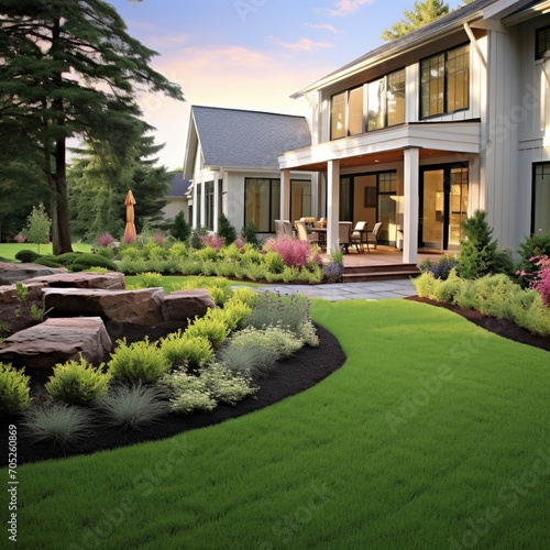 Modern house with beautiful backyard and garden