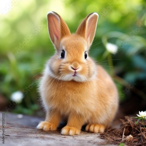 A cute cottontail rabbit in a peaceful garden, its ears perked up. © Suzy